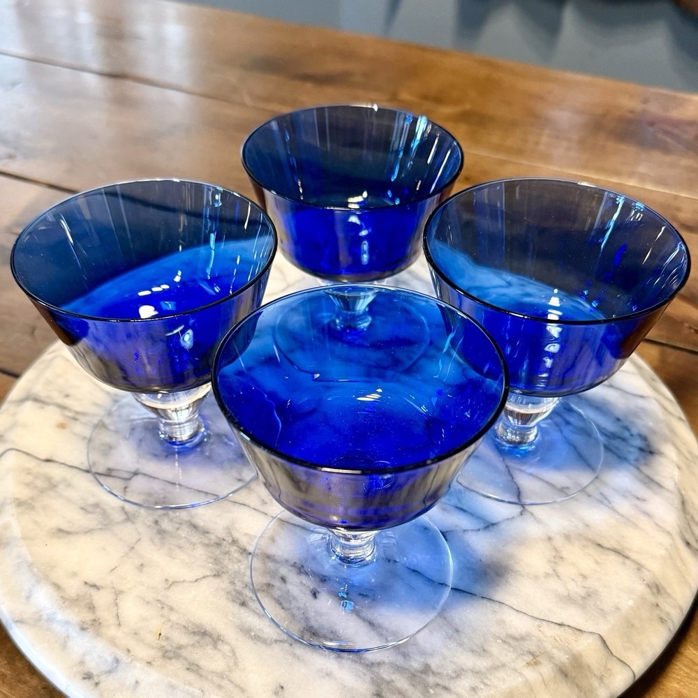 4pc VTG Handblown Artisan Cobalt Blue Clear Stem Wine Water Goblets Glasses